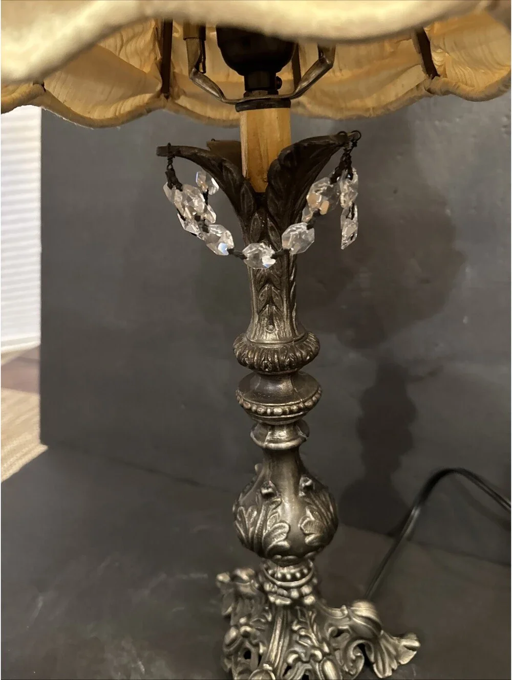 Vintage Silk Tufted Shade Ornate Brass Base With Crystals 26” To Shade Gorgeous